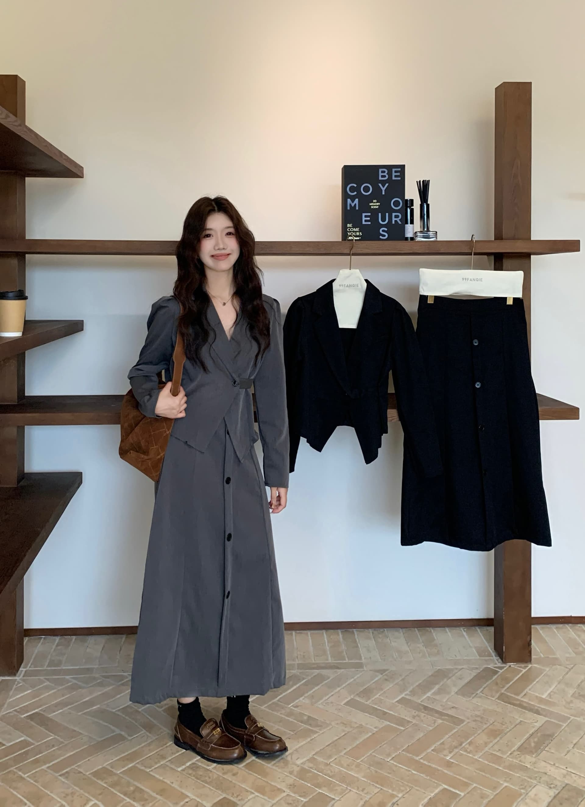 조기 가을 새로운 품격 고급 센스 패션 긴팔 정장 하이웨이스트 반신 스커트 투피스 세트 상세 이미지 22