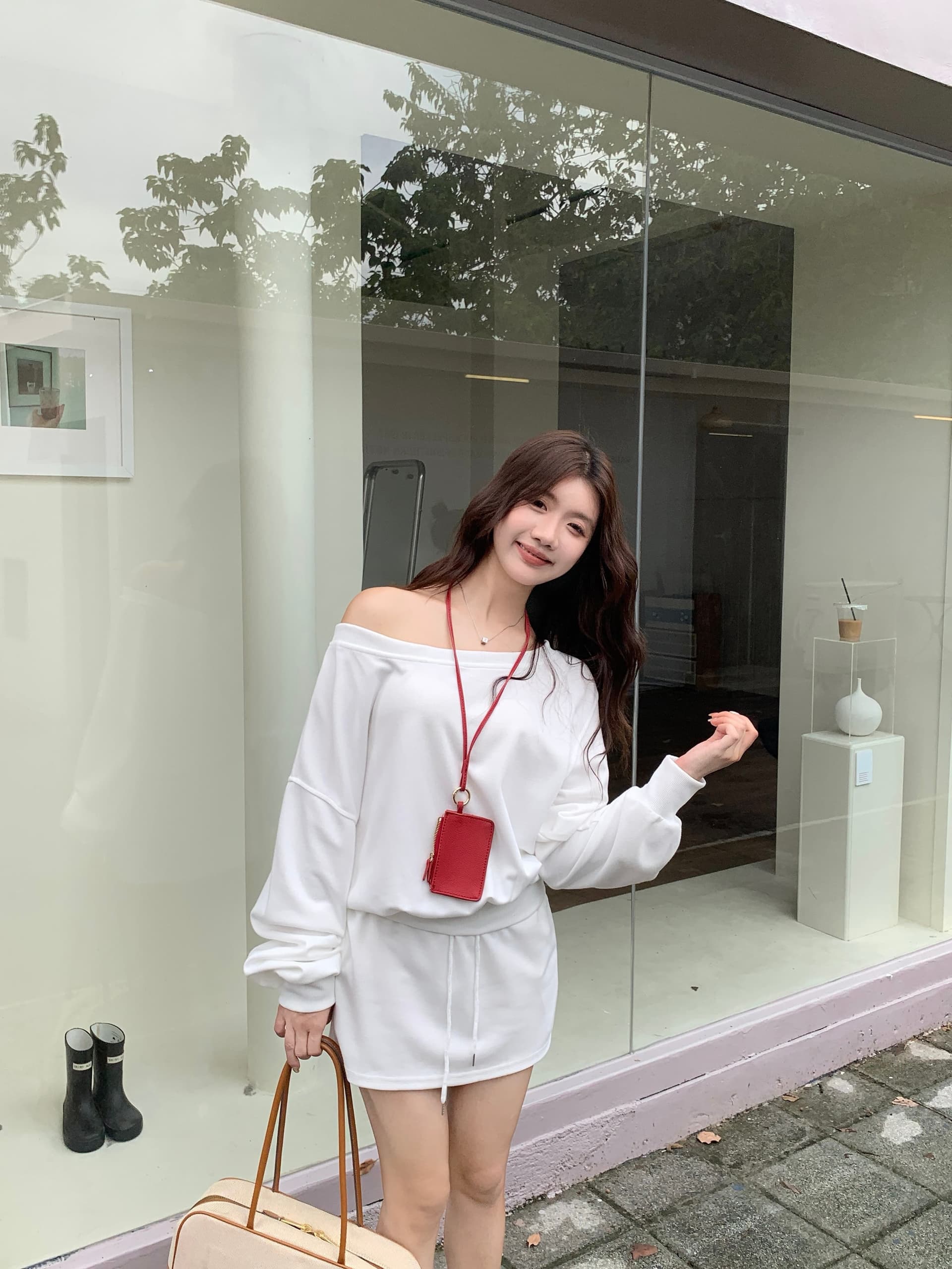 실사 투피스 세트 빅 사이즈 아메리칸 느긋한 비스듬한 어깨 후드티 여성 느슨함 센스 달콤한 핫걸 맨위 상세 이미지 14
