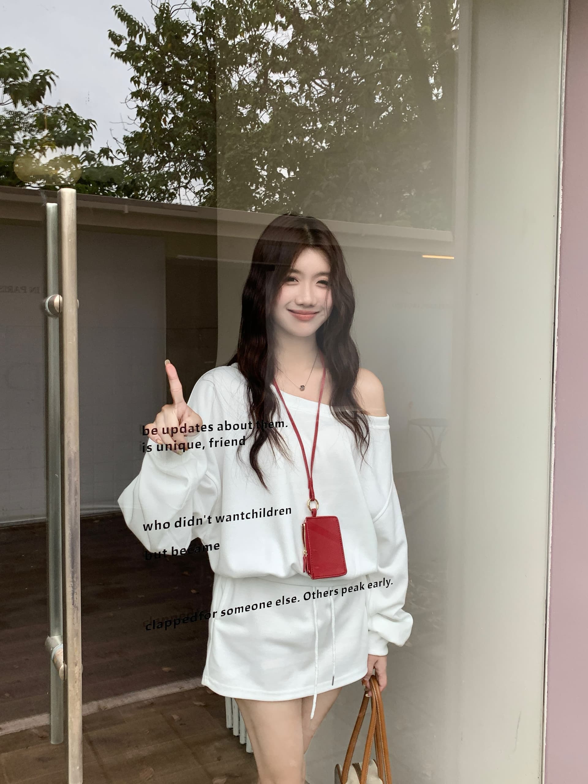실사 투피스 세트 빅 사이즈 아메리칸 느긋한 비스듬한 어깨 후드티 여성 느슨함 센스 달콤한 핫걸 맨위 상세 이미지 19