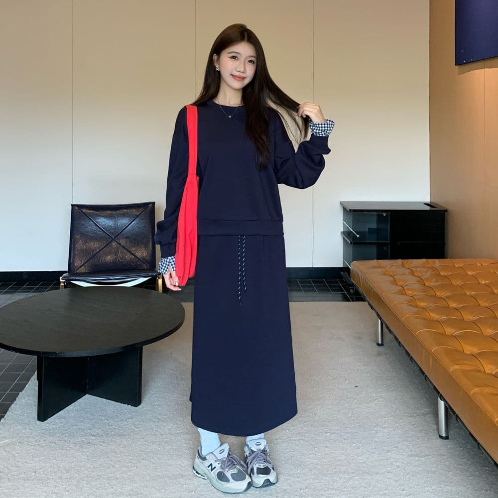 실사 빅 사이즈 아메리칸 레트로 회색 스포츠 슈트 여성 셔츠 반신 스커트 투피스 세트 이미지 2