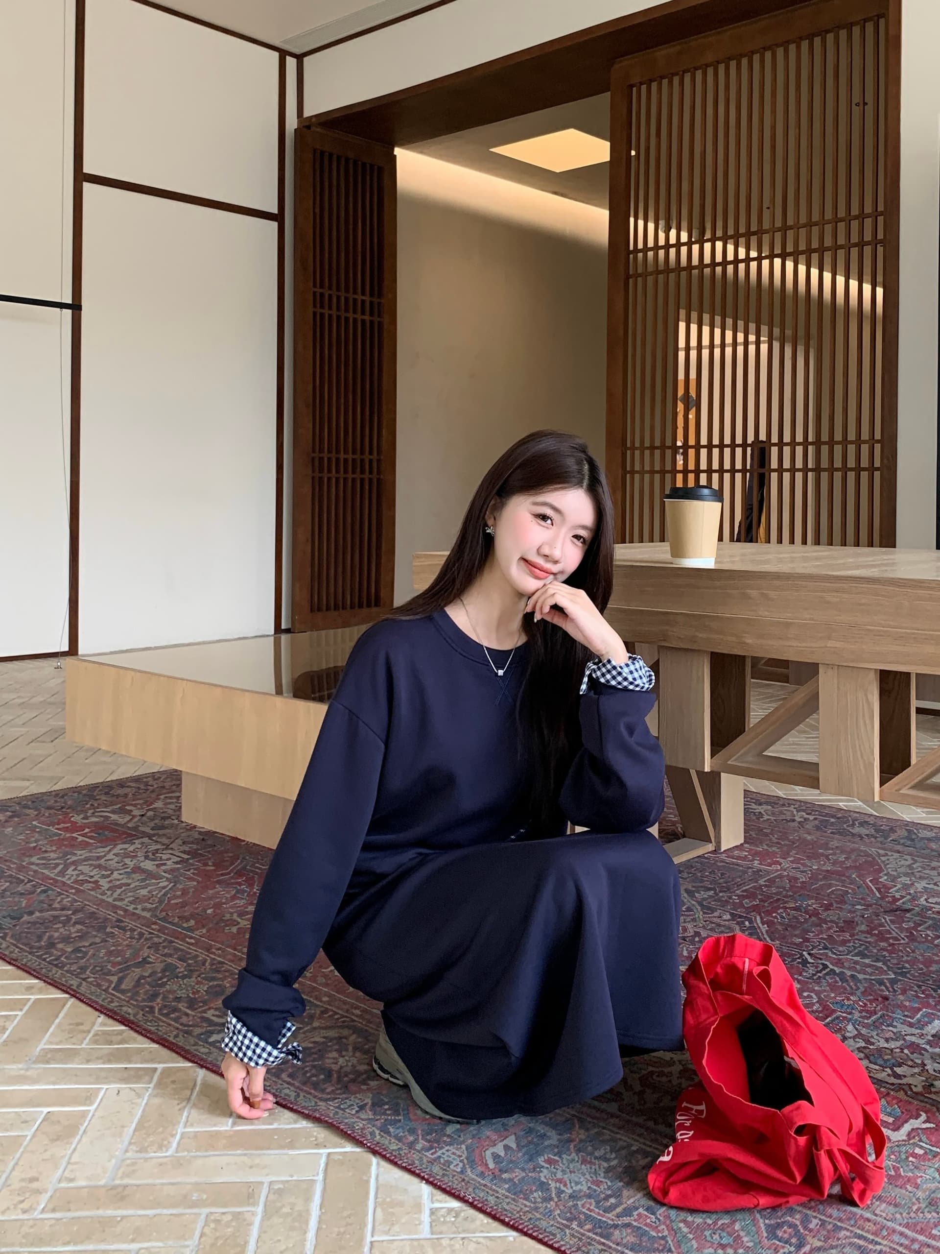 실사 빅 사이즈 아메리칸 레트로 회색 스포츠 슈트 여성 셔츠 반신 스커트 투피스 세트 상세 이미지 5