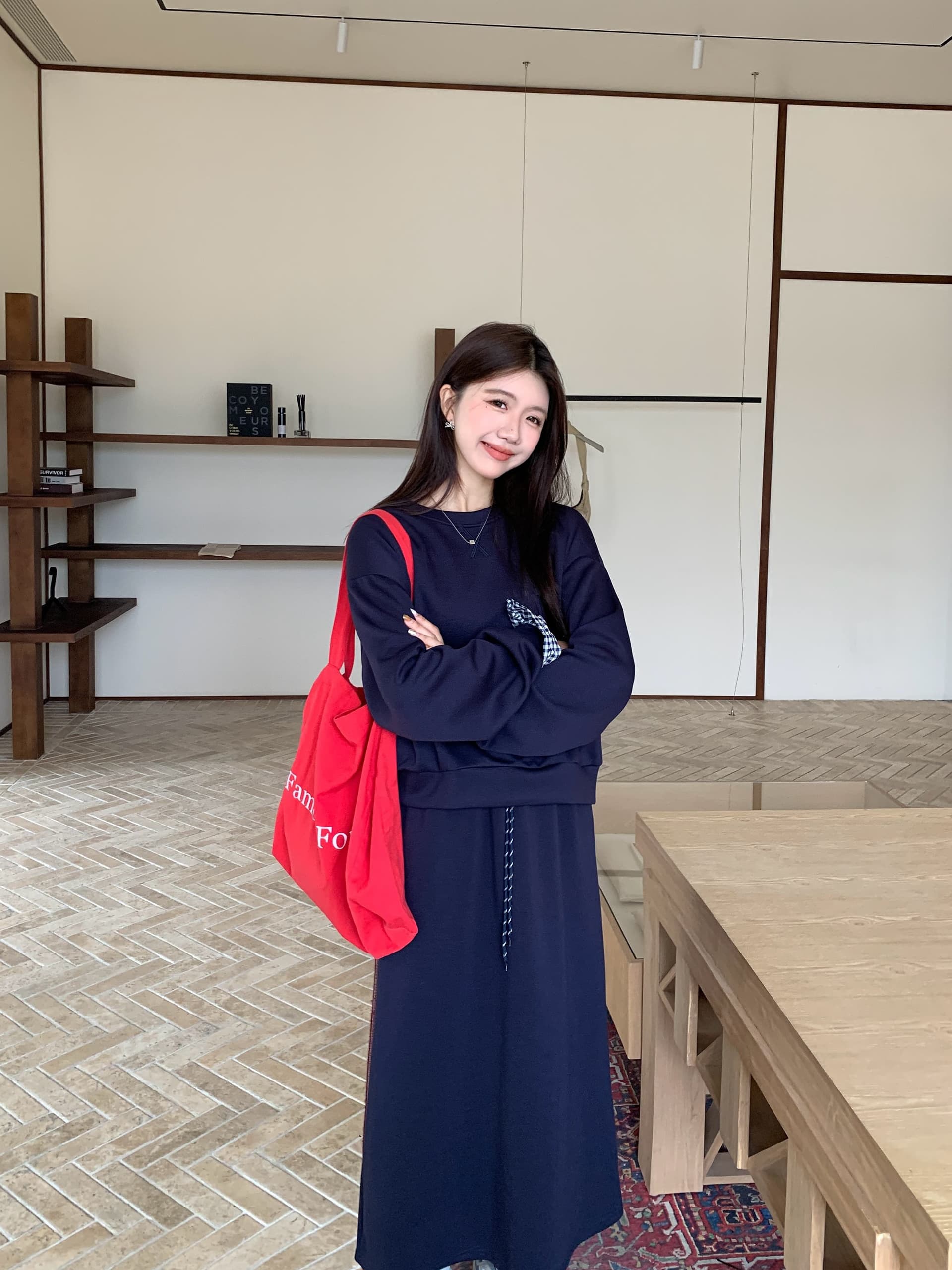 실사 빅 사이즈 아메리칸 레트로 회색 스포츠 슈트 여성 셔츠 반신 스커트 투피스 세트 상세 이미지 11