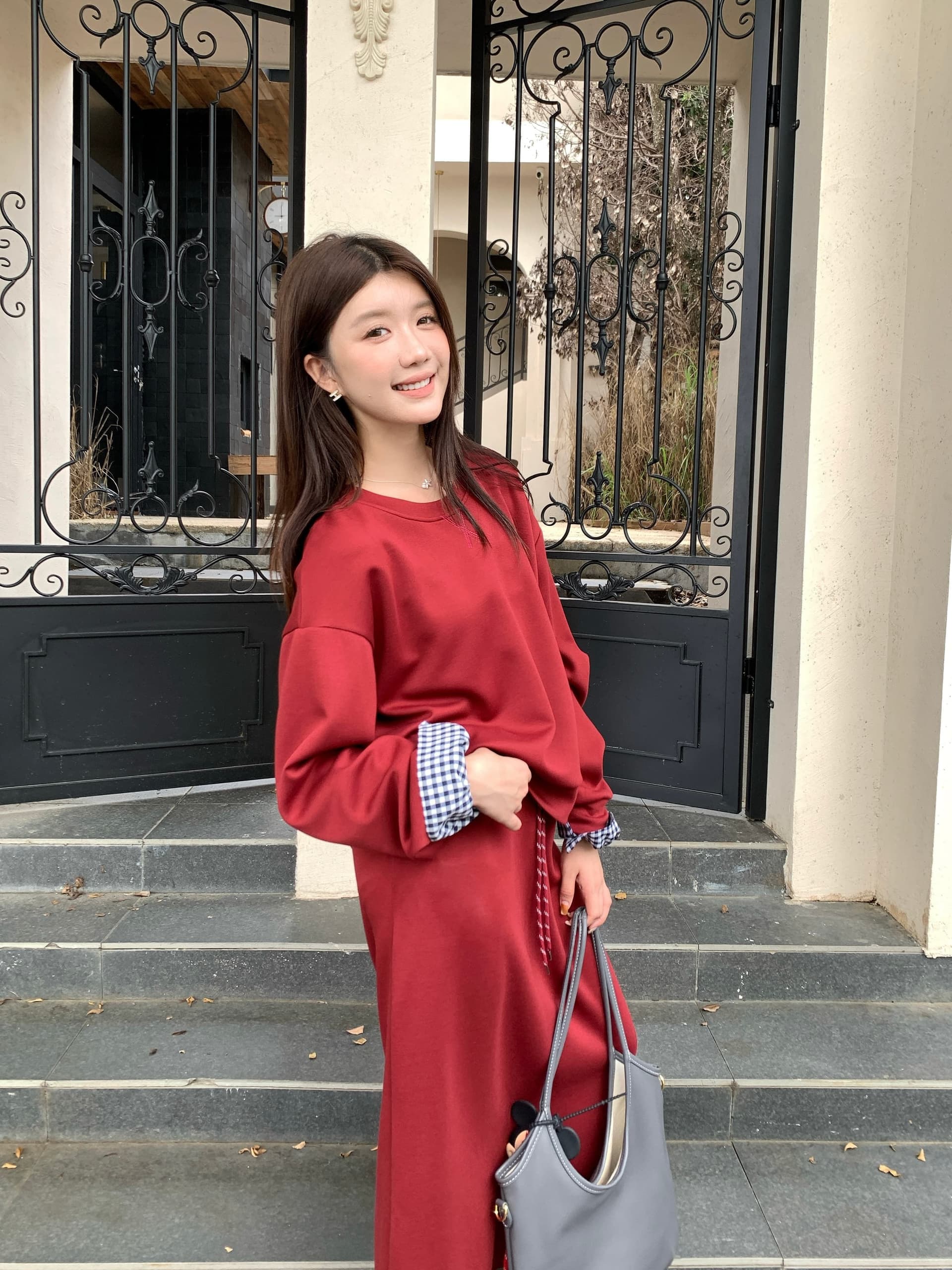 실사 빅 사이즈 아메리칸 레트로 회색 스포츠 슈트 여성 셔츠 반신 스커트 투피스 세트 상세 이미지 19