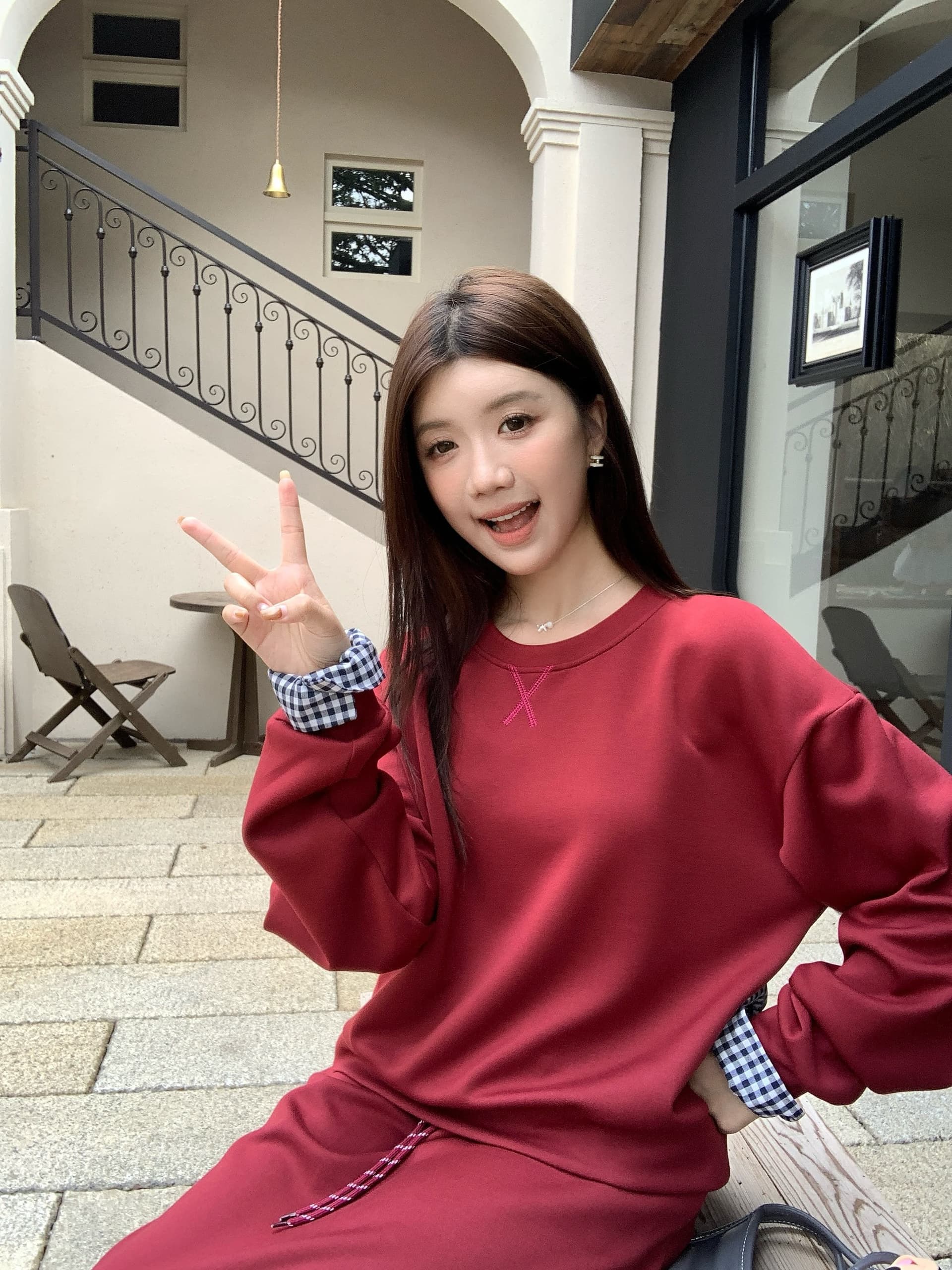 실사 빅 사이즈 아메리칸 레트로 회색 스포츠 슈트 여성 셔츠 반신 스커트 투피스 세트 상세 이미지 21
