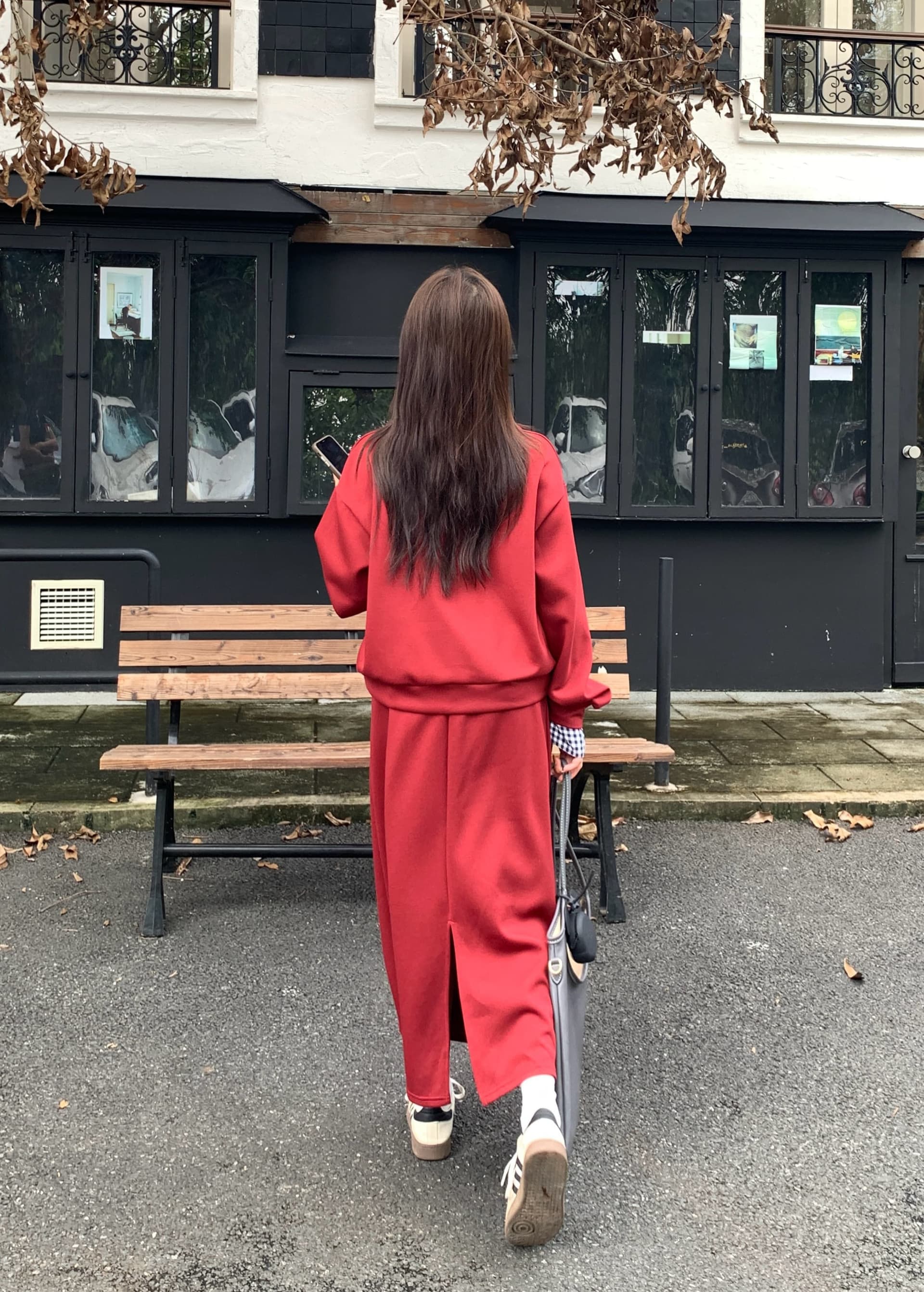 실사 빅 사이즈 아메리칸 레트로 회색 스포츠 슈트 여성 셔츠 반신 스커트 투피스 세트 상세 이미지 26