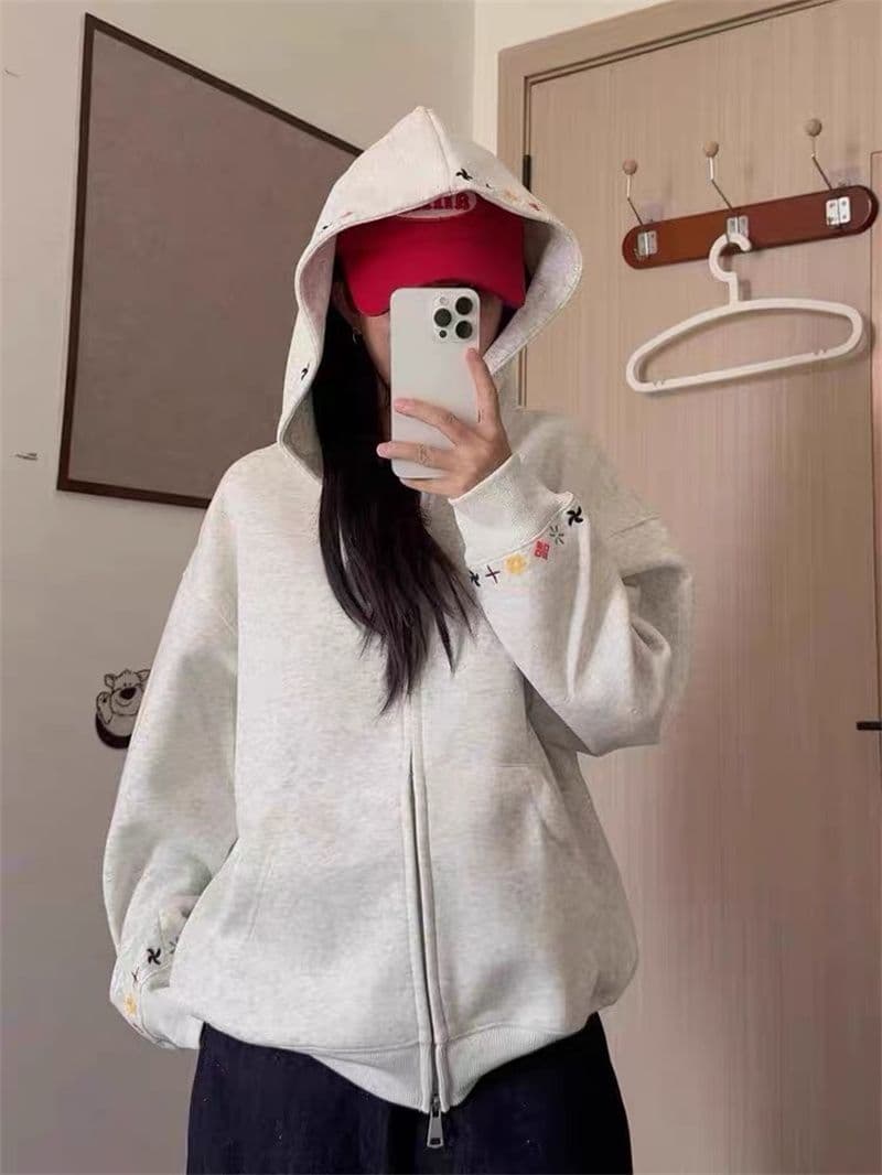자수 순수한 Mianhua 면 복합 후드 지퍼 후드티 여성 코트 이미지 3