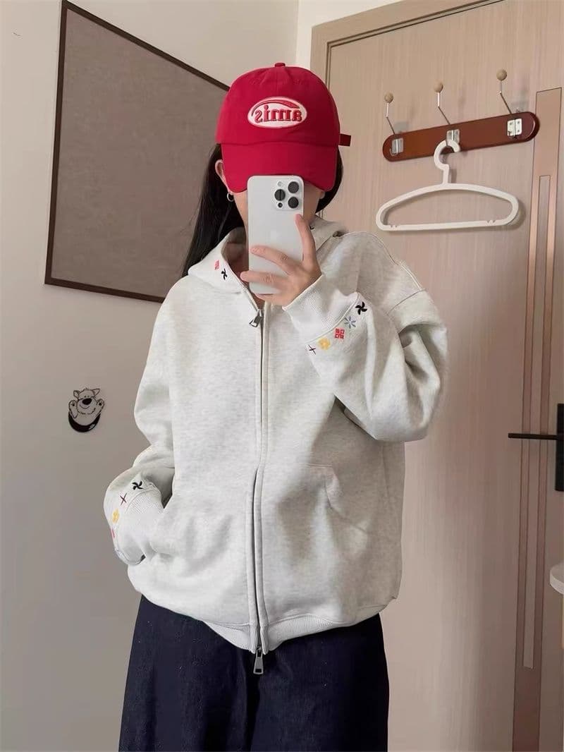 자수 순수한 Mianhua 면 복합 후드 지퍼 후드티 여성 코트