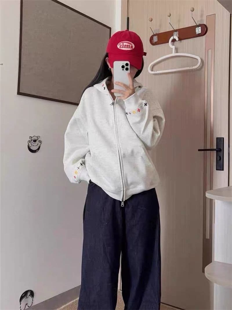 자수 순수한 Mianhua 면 복합 후드 지퍼 후드티 여성 코트 상세 이미지 5