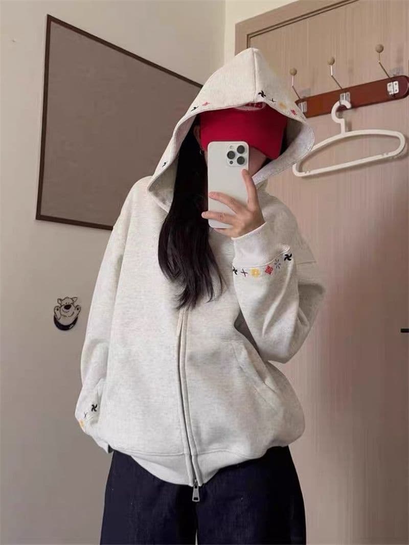 자수 순수한 Mianhua 면 복합 후드 지퍼 후드티 여성 코트 상세 이미지 6