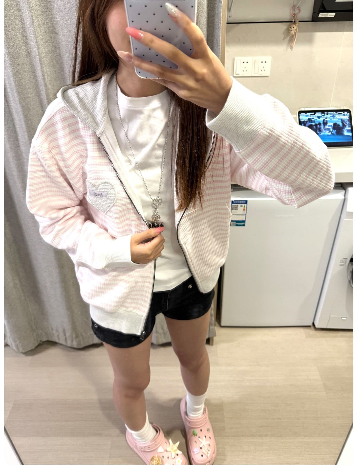 얇은 스타일 백금 지퍼 자수 주문 표준 이후 패키지 칼라 후아 남편 그리드 복잡한 후드티 여성 상세 이미지 3