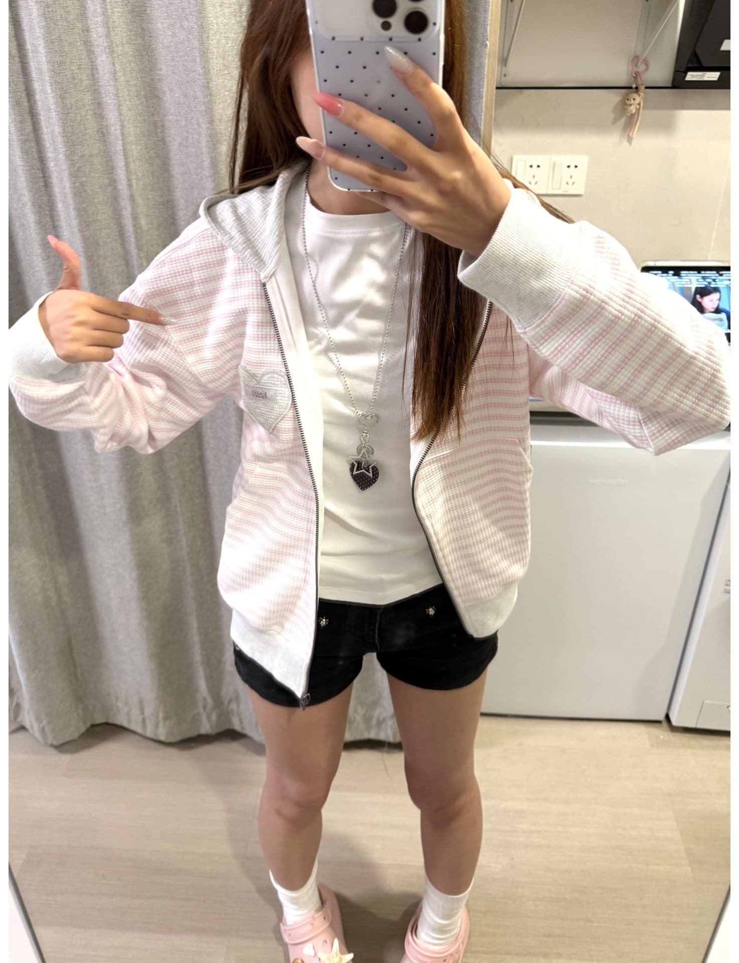 얇은 스타일 백금 지퍼 자수 주문 표준 이후 패키지 칼라 후아 남편 그리드 복잡한 후드티 여성 상세 이미지 6