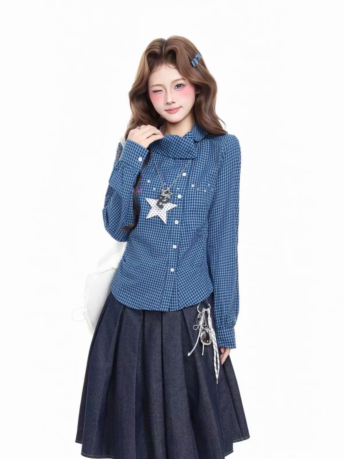 도파민 체크무늬 별 불규칙 폴로 칼라 긴팔 순면 여성 셔츠 가을 꼬집기 허리 슬림해 보이는 셔츠 상세 이미지 1