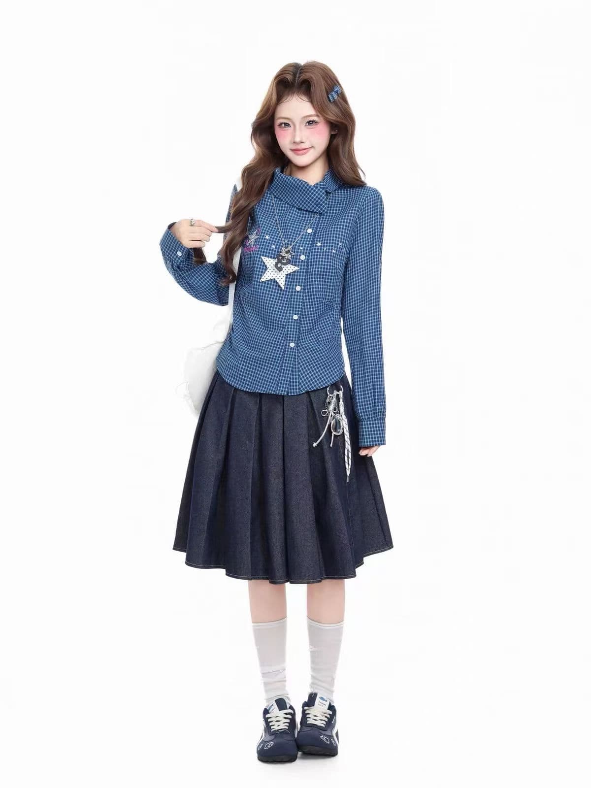 도파민 체크무늬 별 불규칙 폴로 칼라 긴팔 순면 여성 셔츠 가을 꼬집기 허리 슬림해 보이는 셔츠 상세 이미지 3