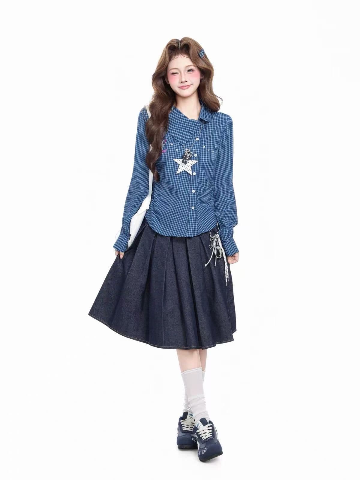 도파민 체크무늬 별 불규칙 폴로 칼라 긴팔 순면 여성 셔츠 가을 꼬집기 허리 슬림해 보이는 셔츠 상세 이미지 4