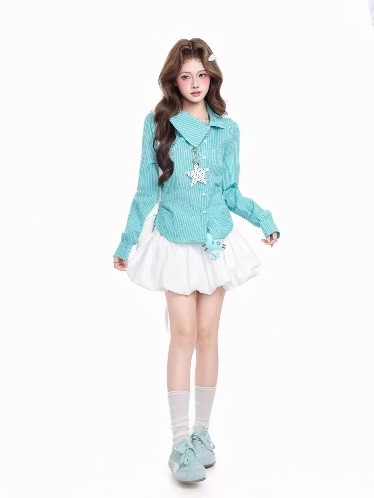 도파민 체크무늬 별 불규칙 폴로 칼라 긴팔 순면 여성 셔츠 가을 꼬집기 허리 슬림해 보이는 셔츠 상세 이미지 8
