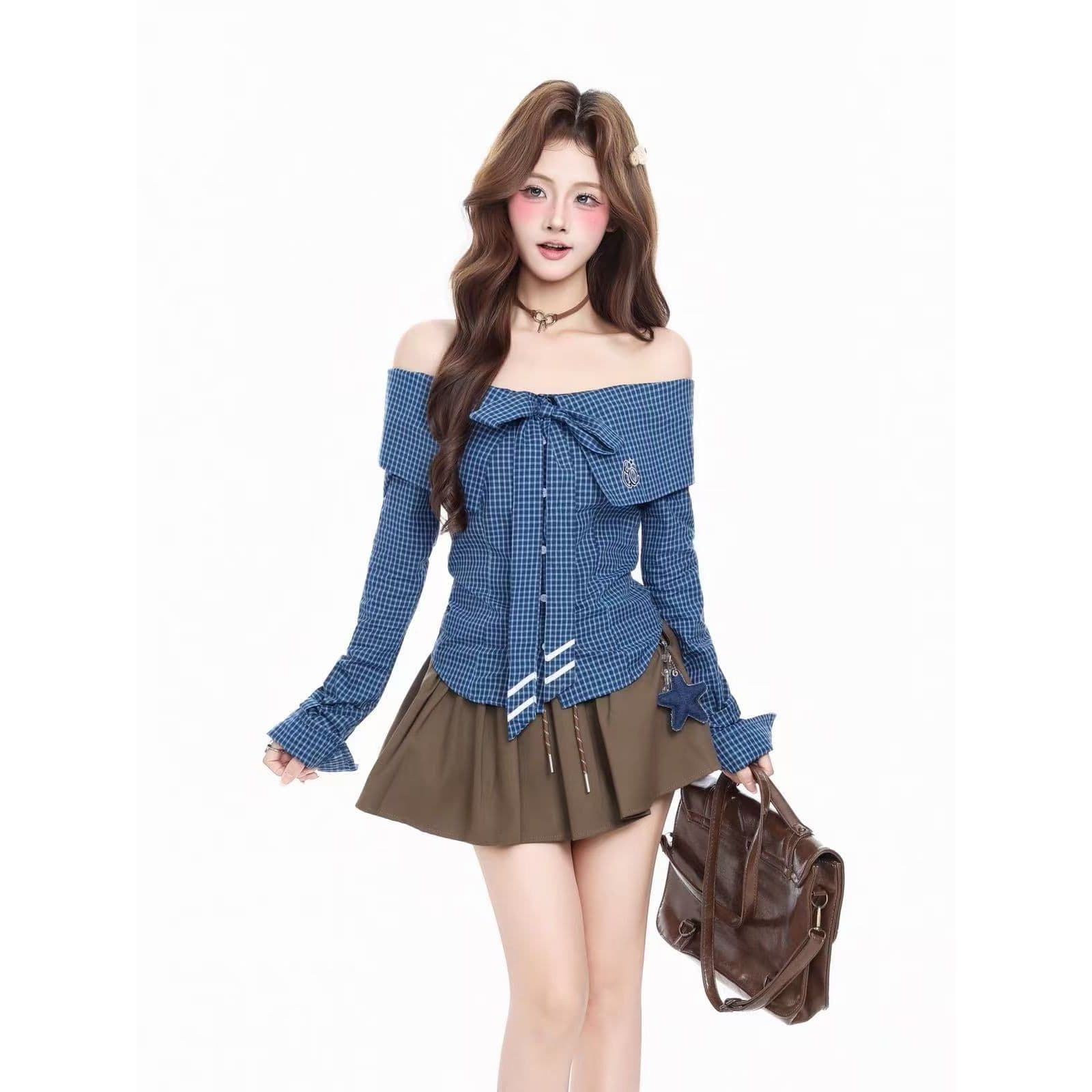도파민 체크무늬 별 불규칙 폴로 칼라 긴팔 순면 여성 셔츠 가을 꼬집기 허리 슬림해 보이는 셔츠 이미지 5