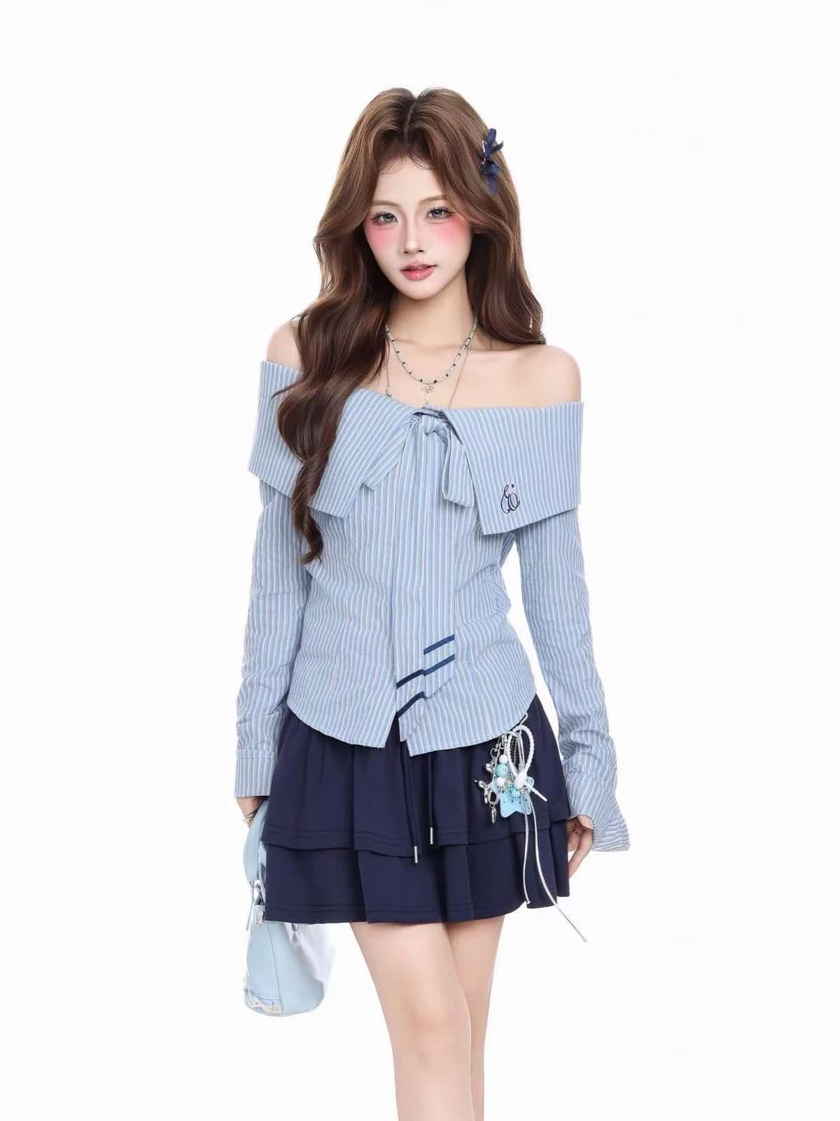 도파민 체크무늬 별 불규칙 폴로 칼라 긴팔 순면 여성 셔츠 가을 꼬집기 허리 슬림해 보이는 셔츠 상세 이미지 2