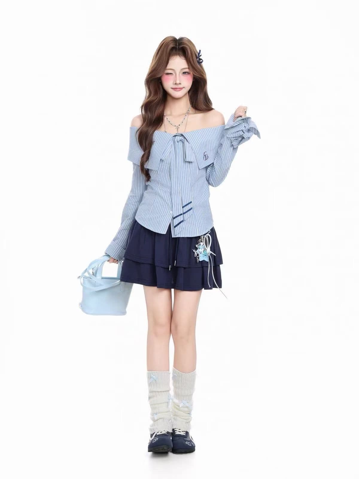 도파민 체크무늬 별 불규칙 폴로 칼라 긴팔 순면 여성 셔츠 가을 꼬집기 허리 슬림해 보이는 셔츠 상세 이미지 6