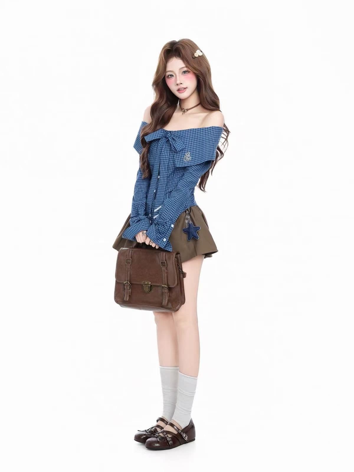 도파민 체크무늬 별 불규칙 폴로 칼라 긴팔 순면 여성 셔츠 가을 꼬집기 허리 슬림해 보이는 셔츠 상세 이미지 12