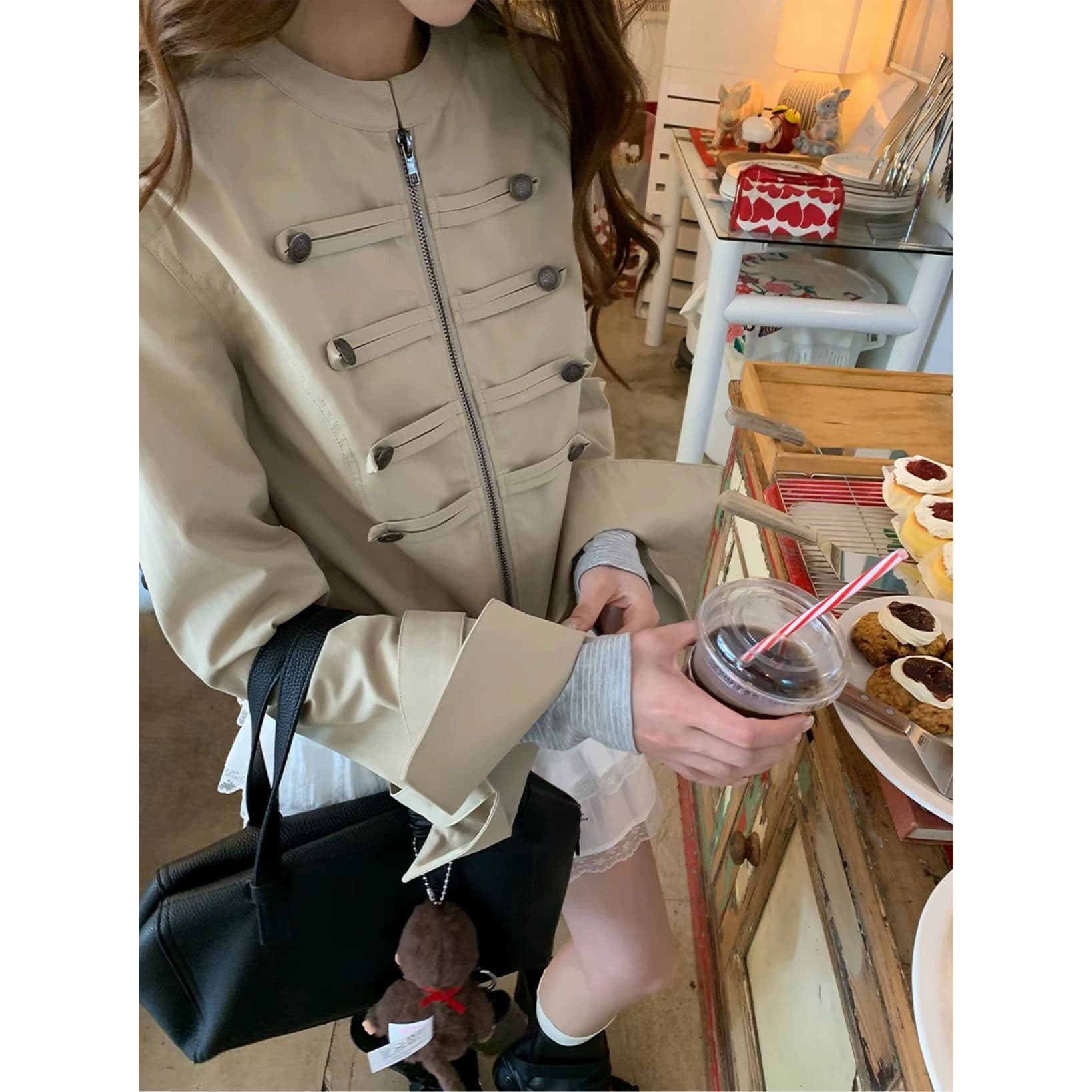 영국식 바람 이중 버튼 재킷 가을 디자인 센스 핫걸 카키 색 여성 코트 이미지 3