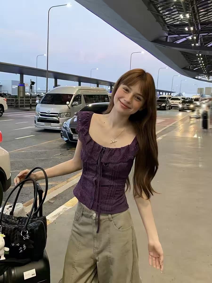 있음 네리 원본 원단 보라색 오프숄더 프릴 민소매 여름 홀로우 아웃 핫걸 맨위 이미지 3