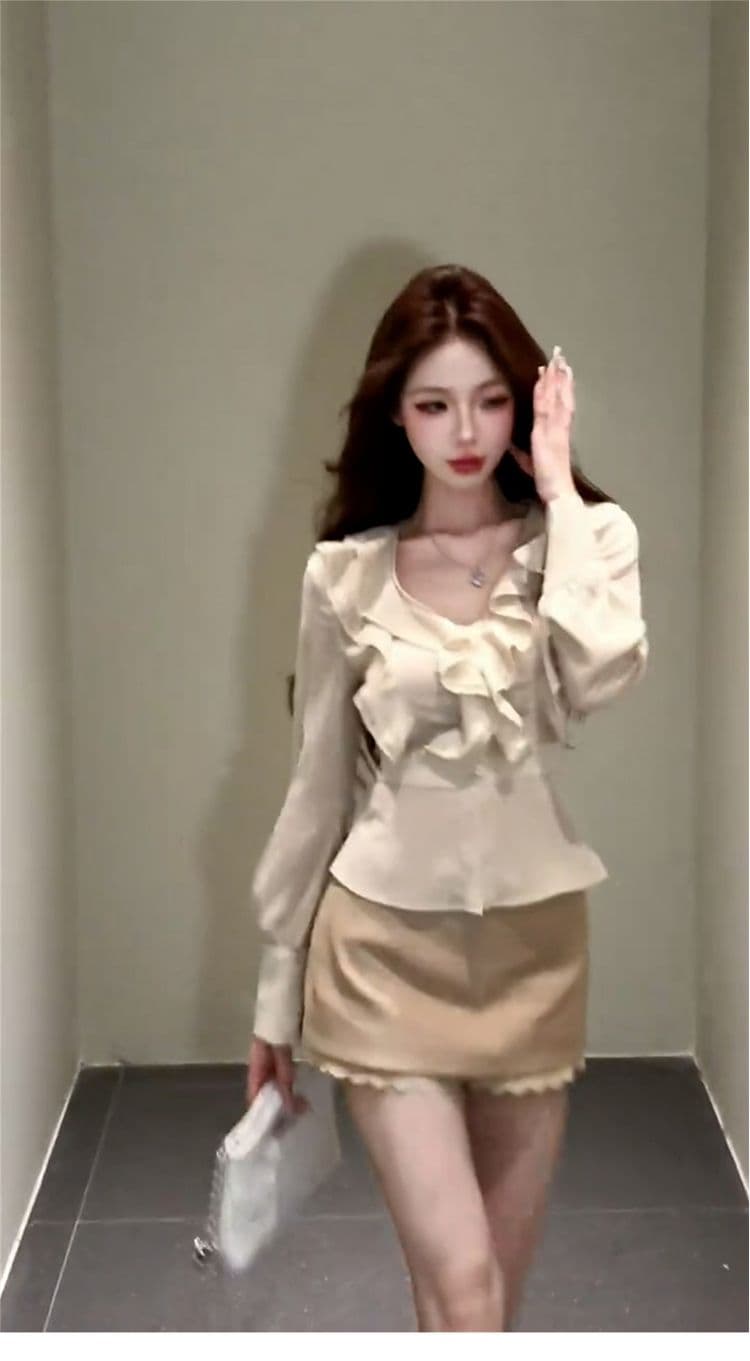 순수한 욕망 레이스 레이스 여성 셔츠 프릴 긴팔 맨위 가을 겨울 고급 섹시함 프랑스식 하이웨이스트 타이트 스커트 미니 스커트 상세 이미지 3