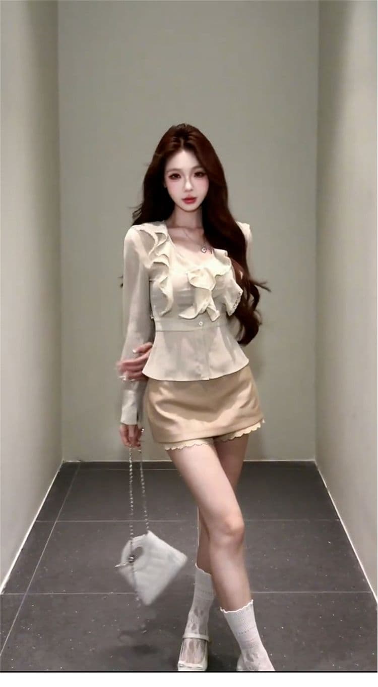 순수한 욕망 레이스 레이스 여성 셔츠 프릴 긴팔 맨위 가을 겨울 고급 섹시함 프랑스식 하이웨이스트 타이트 스커트 미니 스커트 상세 이미지 6