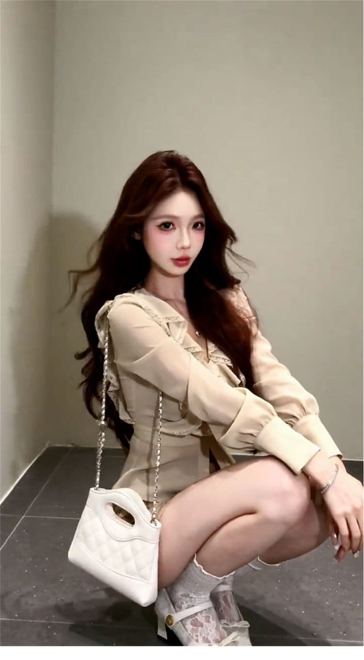 순수한 욕망 레이스 레이스 여성 셔츠 프릴 긴팔 맨위 가을 겨울 고급 섹시함 프랑스식 하이웨이스트 타이트 스커트 미니 스커트 상세 이미지 8