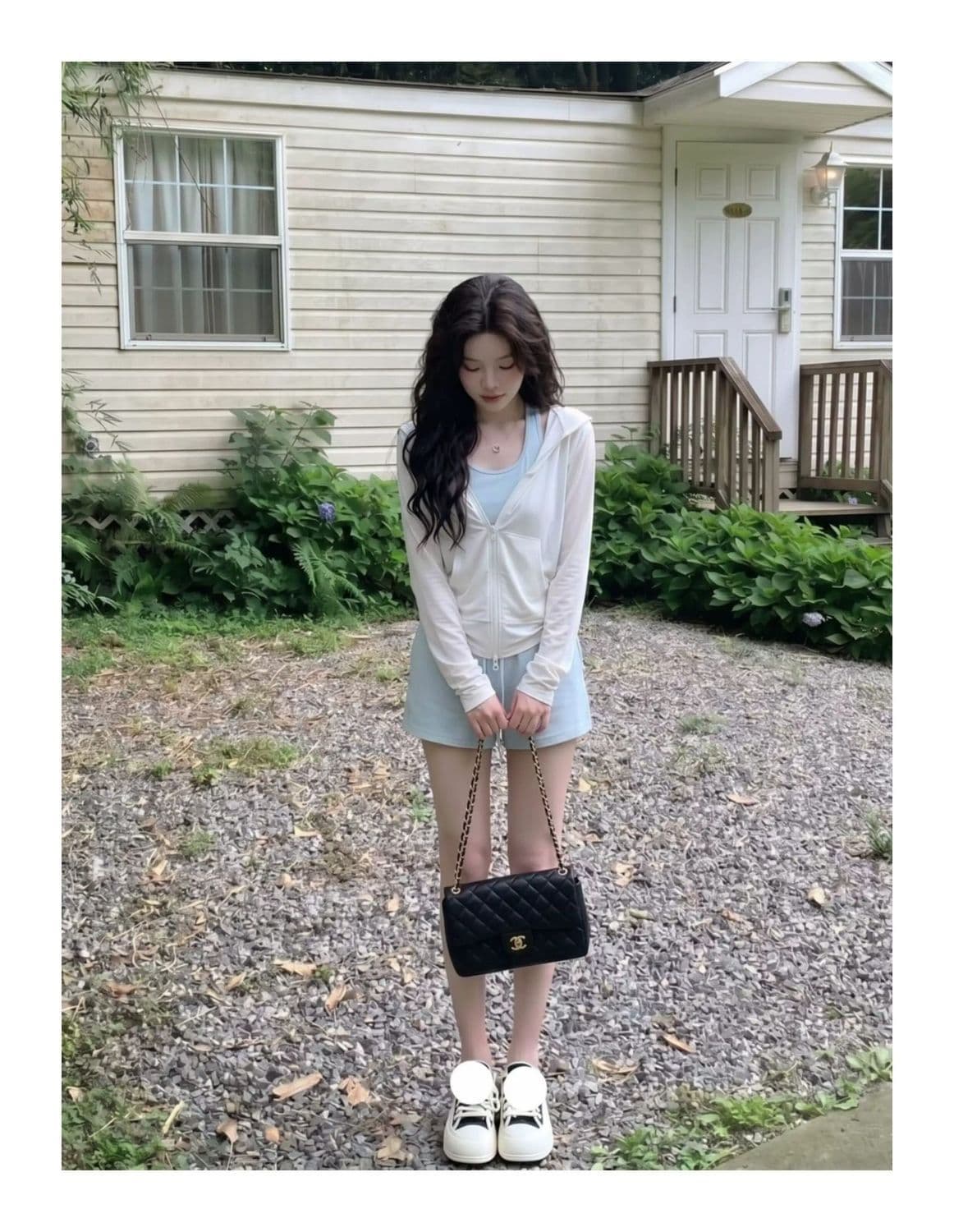 학원 스타일 후드 지퍼 긴팔 세트 여성 여름 디자인 센스 다용도 조끼 카디건 코트 반바지 3종 세트 상세 이미지 13