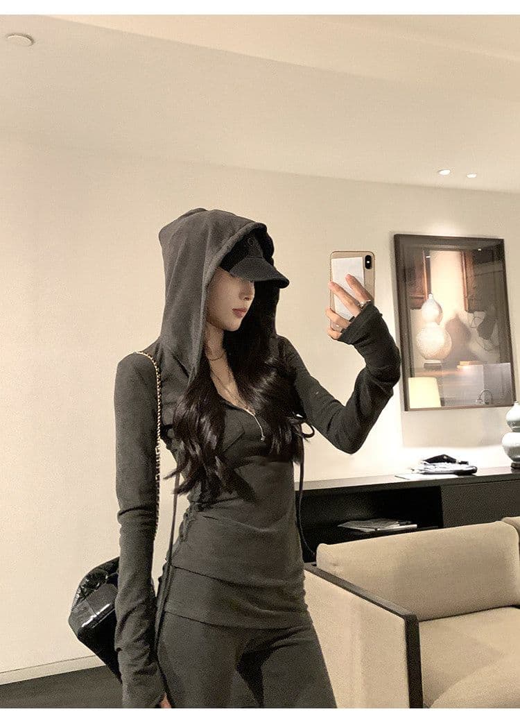 어두운 회색 부드러운 찹쌀 긴팔 후드 맨위 여성 봄 가을 착용 가져 가라. 캐주얼 몸매 가꾸기 마이크로 나팔 긴 바지 투피스 슈트 트렌디 상세 이미지 11