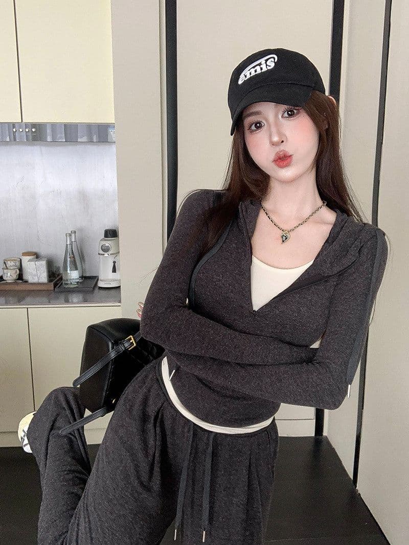 디자인 센스 페이크 레이어드 캐주얼 후드티 세트 여성 가을 겨울 핫걸 느긋한 몸매 가꾸기 슬림해 보이는 넓은 다리 길이 바지 투피스 세트 상세 이미지 8