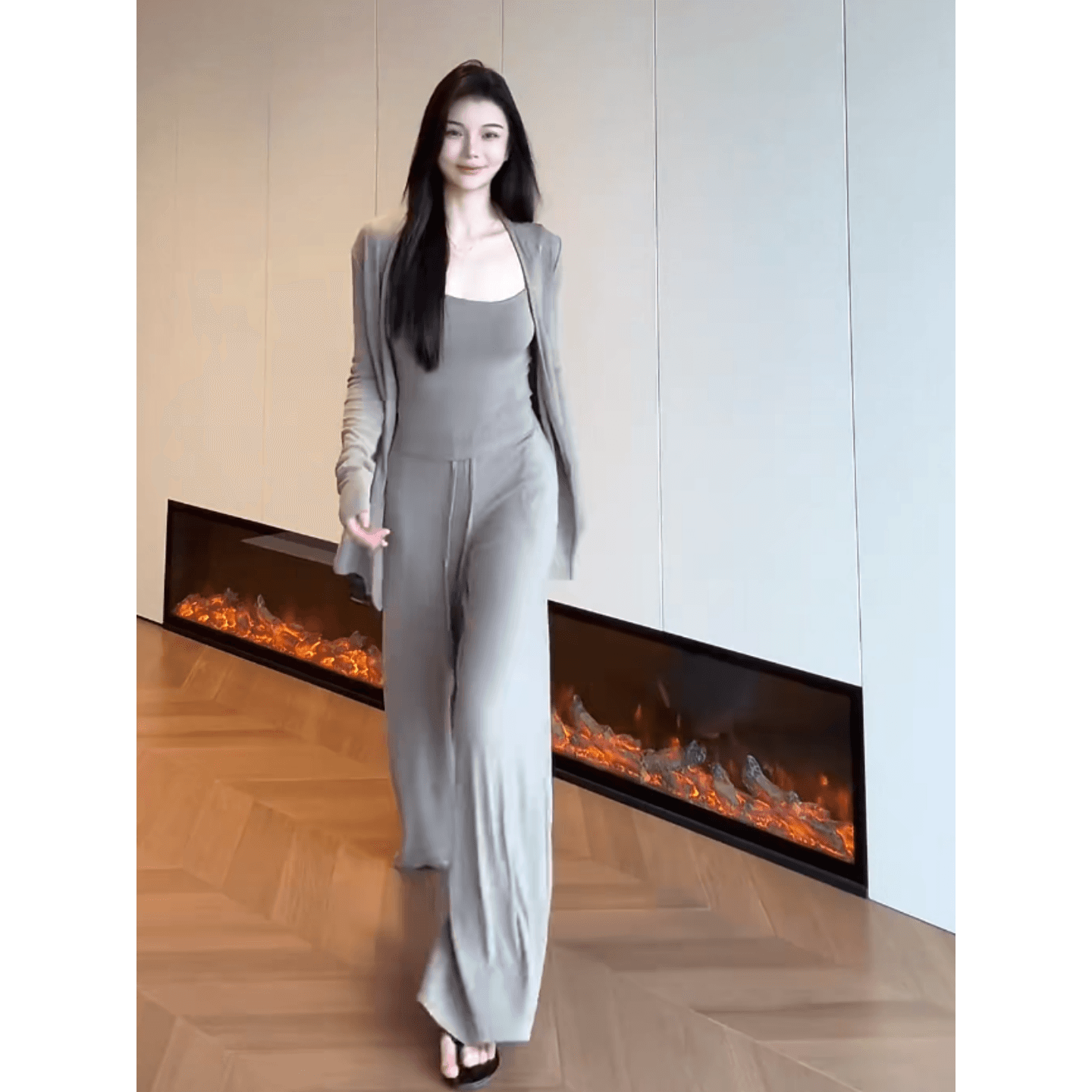 느긋한 바람 루즈핏 연령 감소 캐주얼 다용도 슬립 오픈 가디건 캐주얼 바지 세트 상세 이미지 2