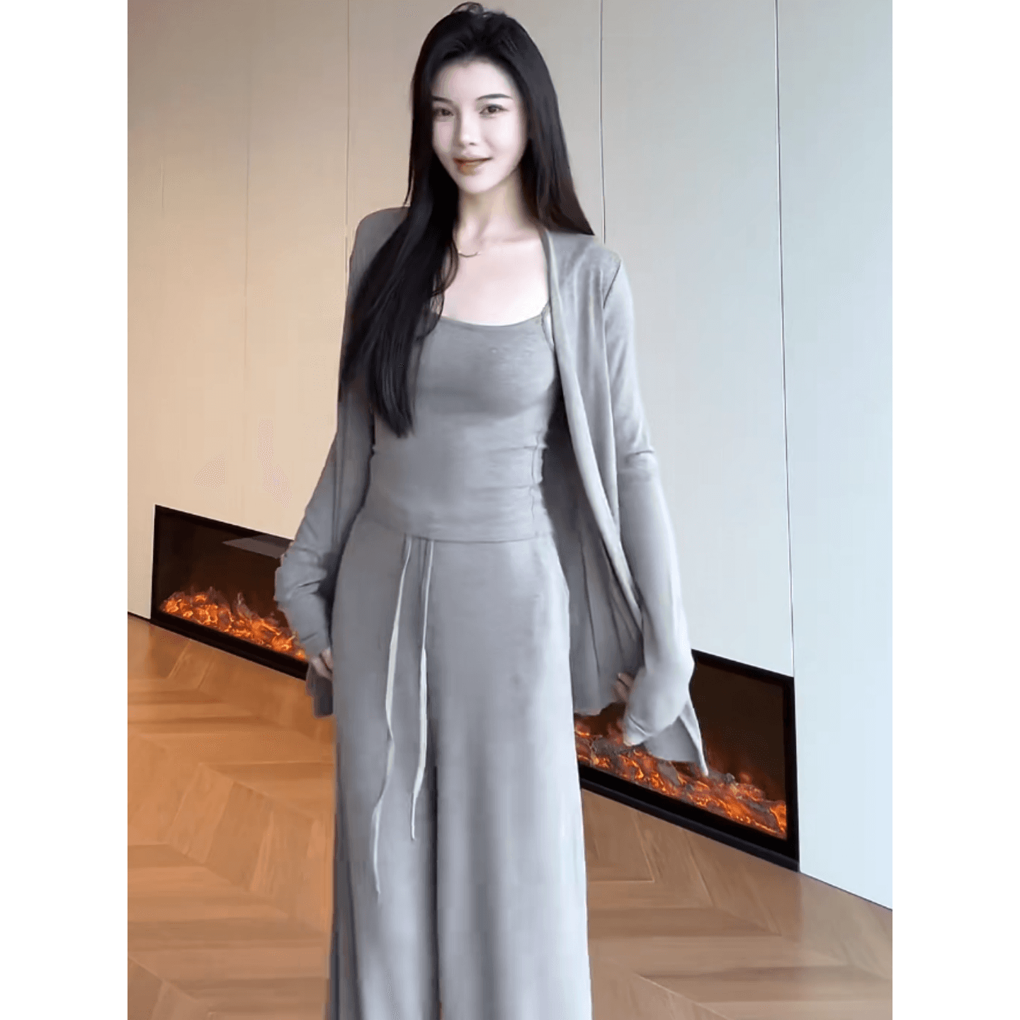 느긋한 바람 루즈핏 연령 감소 캐주얼 다용도 슬립 오픈 가디건 캐주얼 바지 세트 상세 이미지 5