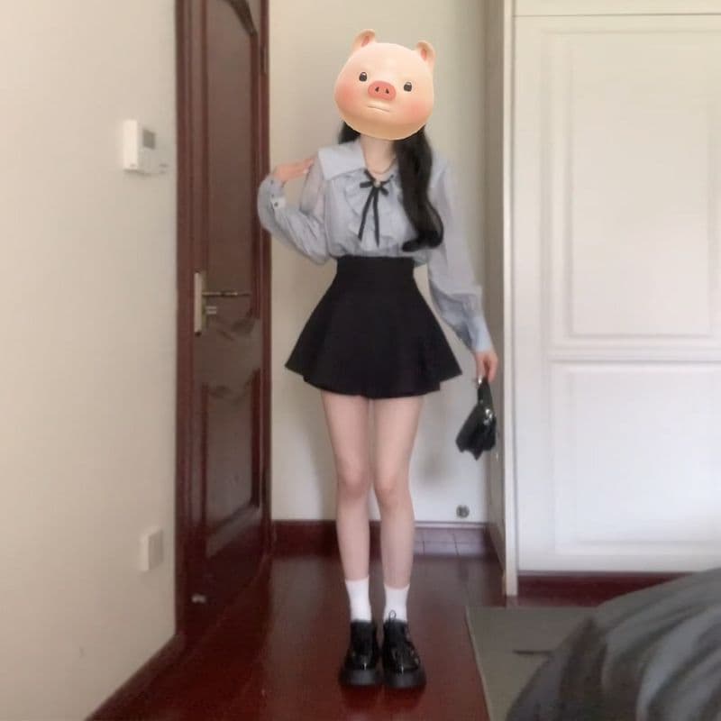 프랑스식 프릴 파란색 여성 셔츠 2026 가을 한 부서 디자인 센스 다용도 캐주얼 긴팔 나비 매듭 맨위 이미지 2