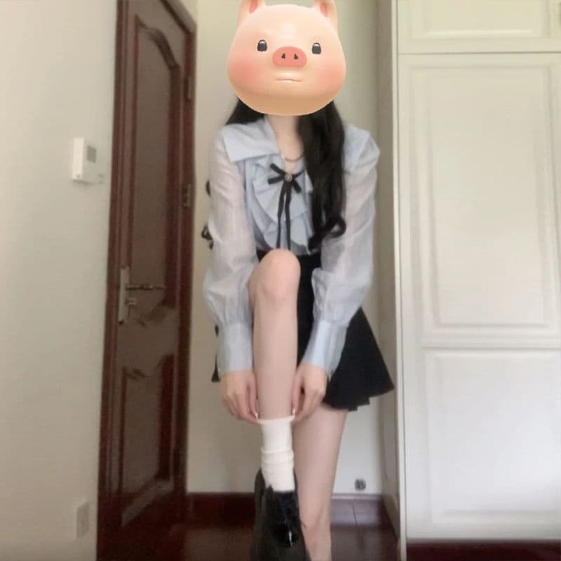 프랑스식 프릴 파란색 여성 셔츠 2026 가을 한 부서 디자인 센스 다용도 캐주얼 긴팔 나비 매듭 맨위 이미지 3