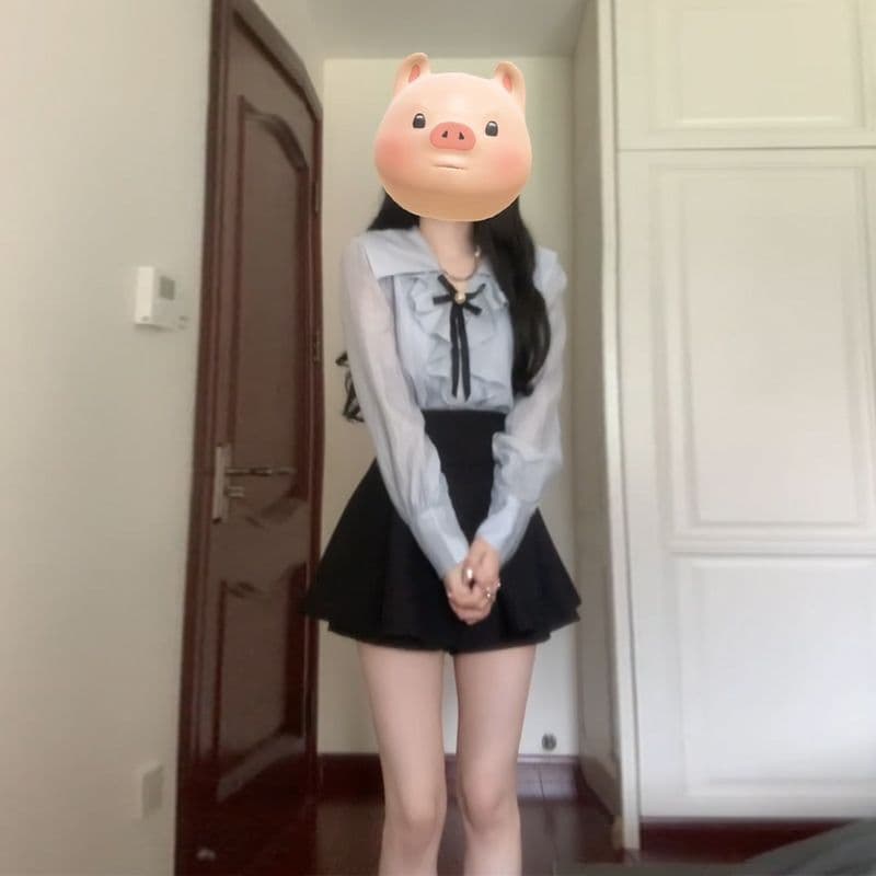 프랑스식 프릴 파란색 여성 셔츠 2026 가을 한 부서 디자인 센스 다용도 캐주얼 긴팔 나비 매듭 맨위 이미지 5