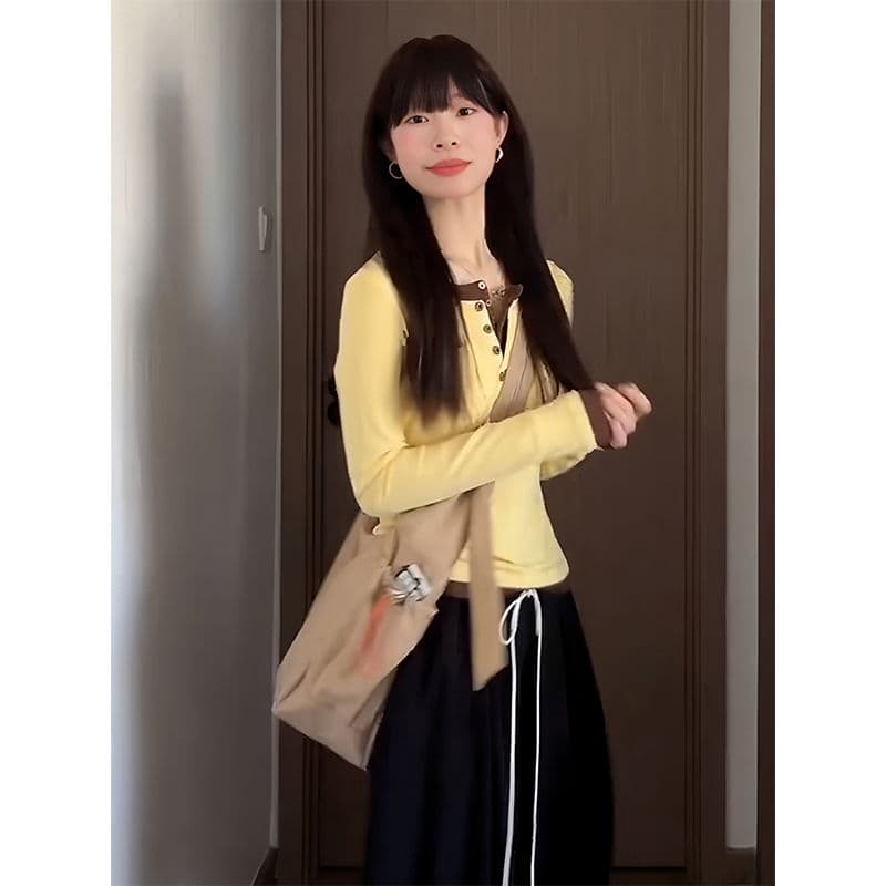 자이언트 잘 생긴 ~ 중 이른 가을 전체 집합 한 부서 페이크 레이어드 긴팔 티셔츠 레이스 와이드 레그 팬츠 세트 여성 가을 새로운 이미지 3