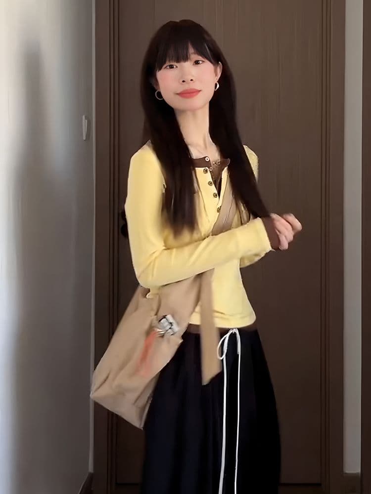 자이언트 잘 생긴 ~ 중 이른 가을 전체 집합 한 부서 페이크 레이어드 긴팔 티셔츠 레이스 와이드 레그 팬츠 세트 여성 가을 새로운 상세 이미지 4