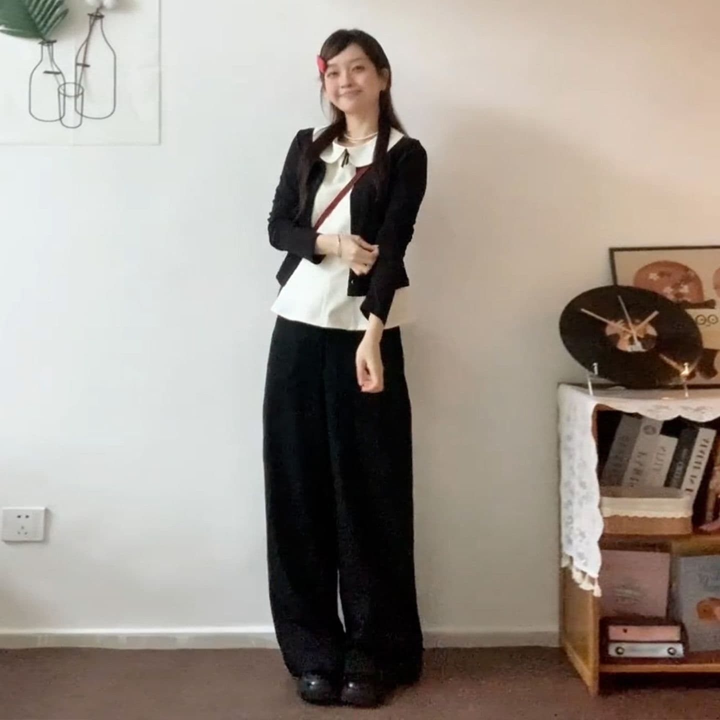 달콤한 스타일 세트 긴팔 오픈 가디건 여성 코트 베이비 칼라 조끼 가을 검정색 와이드 레그 팬츠 miu 부서 3종 세트 이미지 2