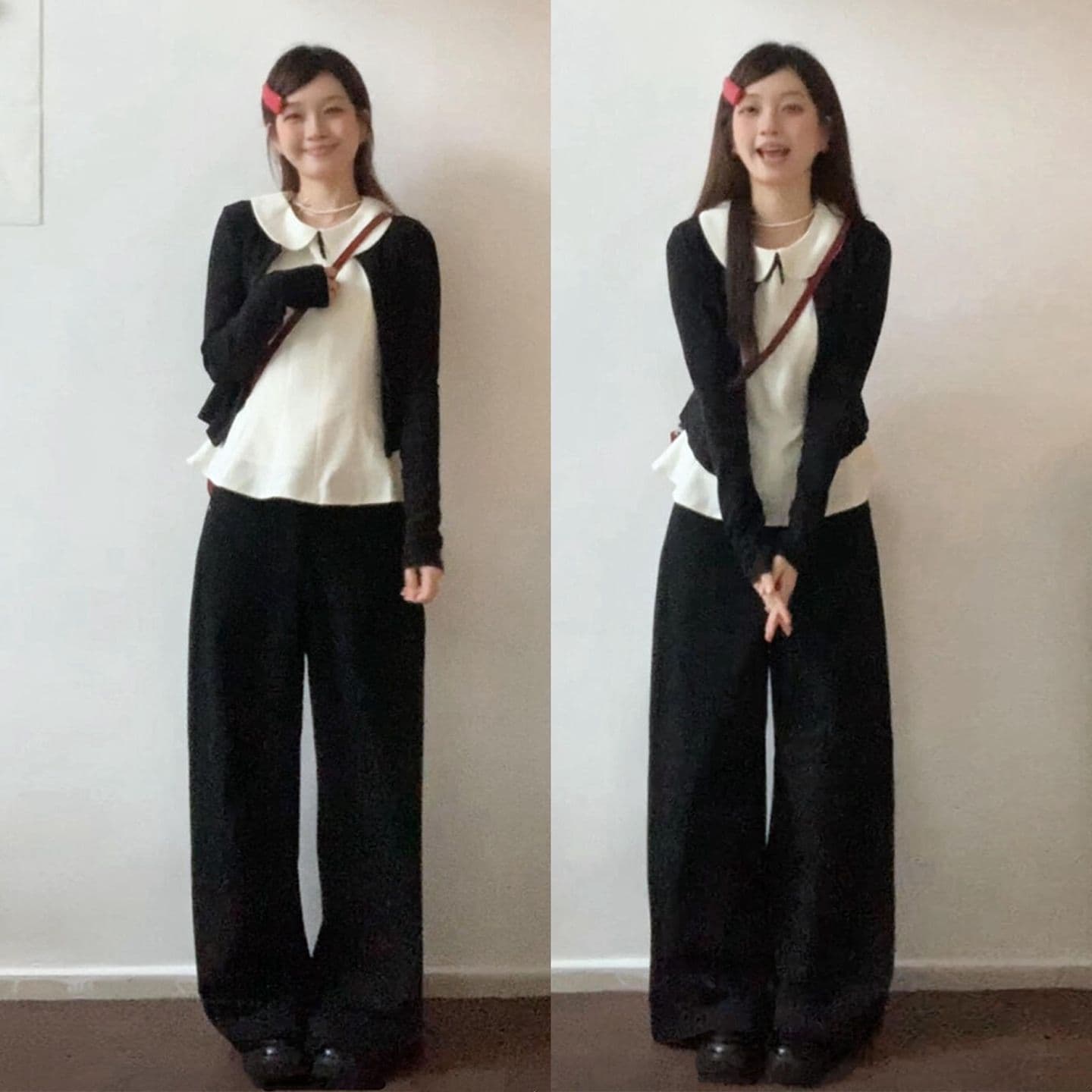 달콤한 스타일 세트 긴팔 오픈 가디건 여성 코트 베이비 칼라 조끼 가을 검정색 와이드 레그 팬츠 miu 부서 3종 세트 이미지 4