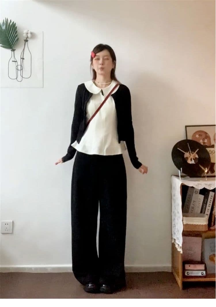 달콤한 스타일 세트 긴팔 오픈 가디건 여성 코트 베이비 칼라 조끼 가을 검정색 와이드 레그 팬츠 miu 부서 3종 세트 상세 이미지 3