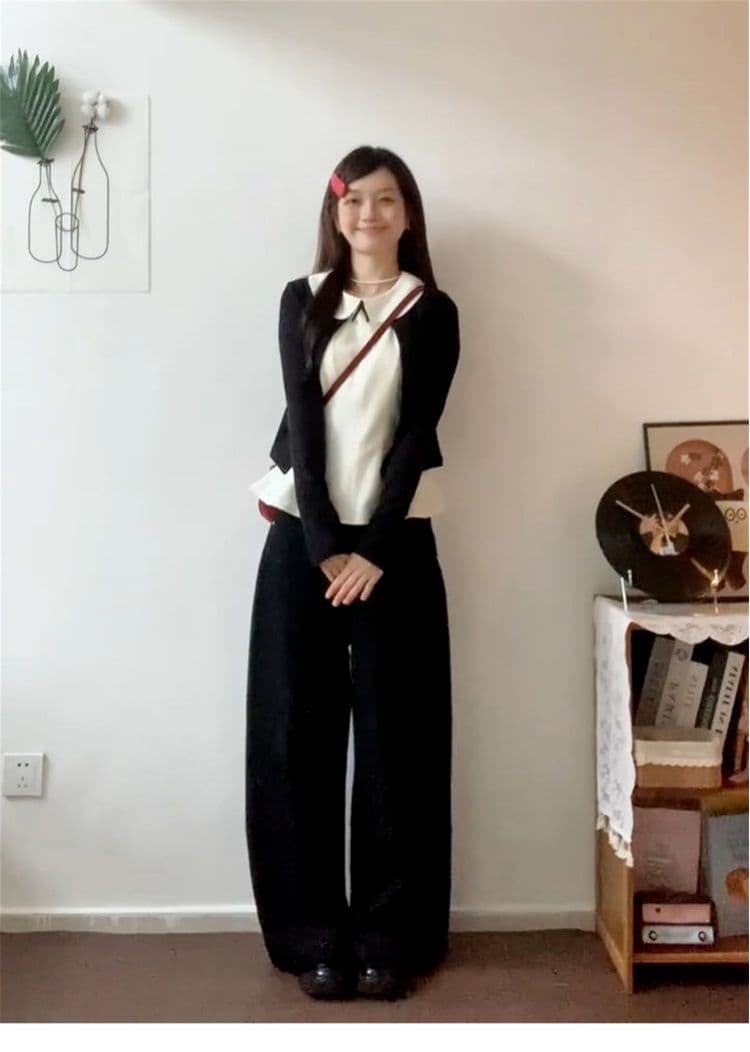 달콤한 스타일 세트 긴팔 오픈 가디건 여성 코트 베이비 칼라 조끼 가을 검정색 와이드 레그 팬츠 miu 부서 3종 세트 상세 이미지 4