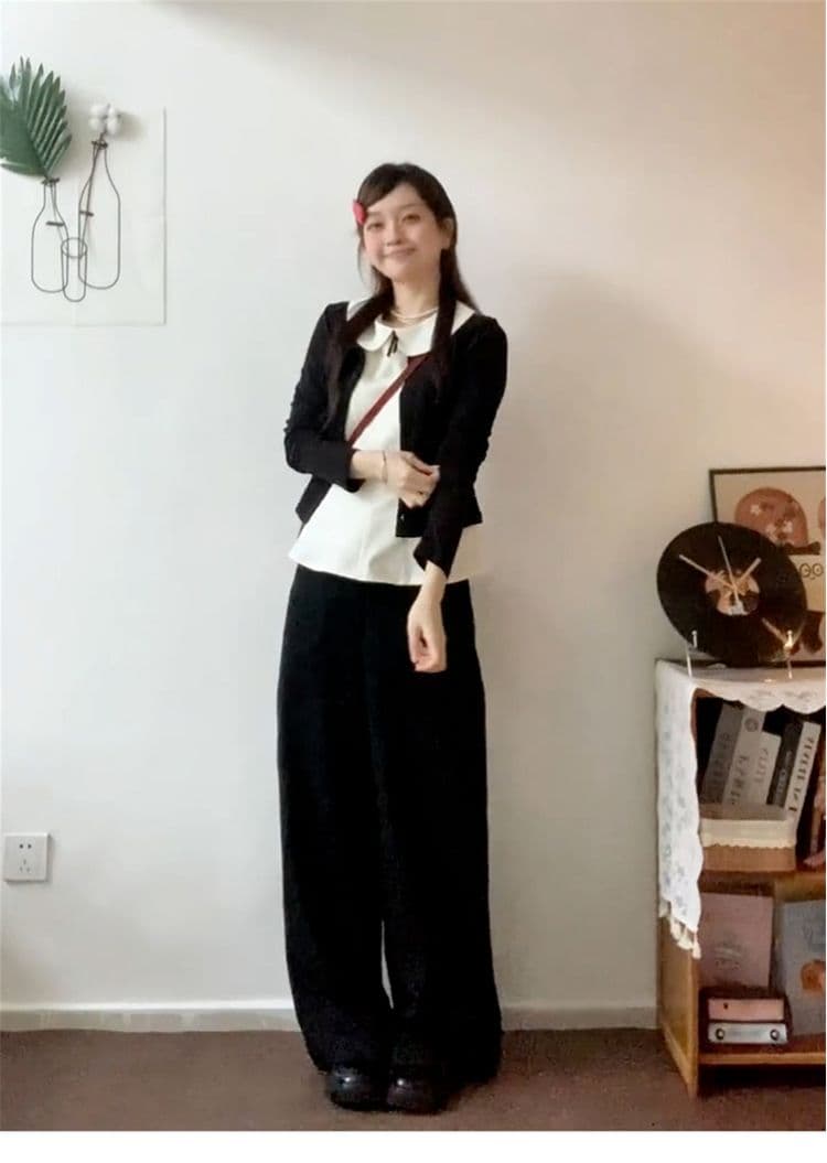 달콤한 스타일 세트 긴팔 오픈 가디건 여성 코트 베이비 칼라 조끼 가을 검정색 와이드 레그 팬츠 miu 부서 3종 세트 상세 이미지 5