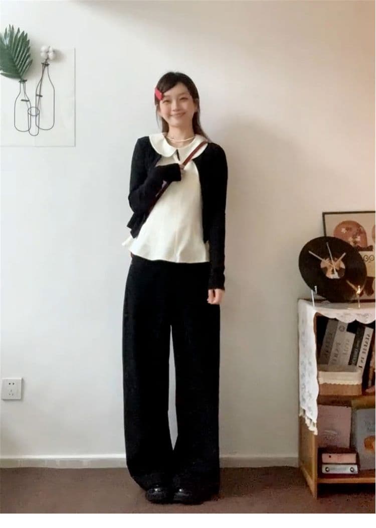 달콤한 스타일 세트 긴팔 오픈 가디건 여성 코트 베이비 칼라 조끼 가을 검정색 와이드 레그 팬츠 miu 부서 3종 세트 상세 이미지 6