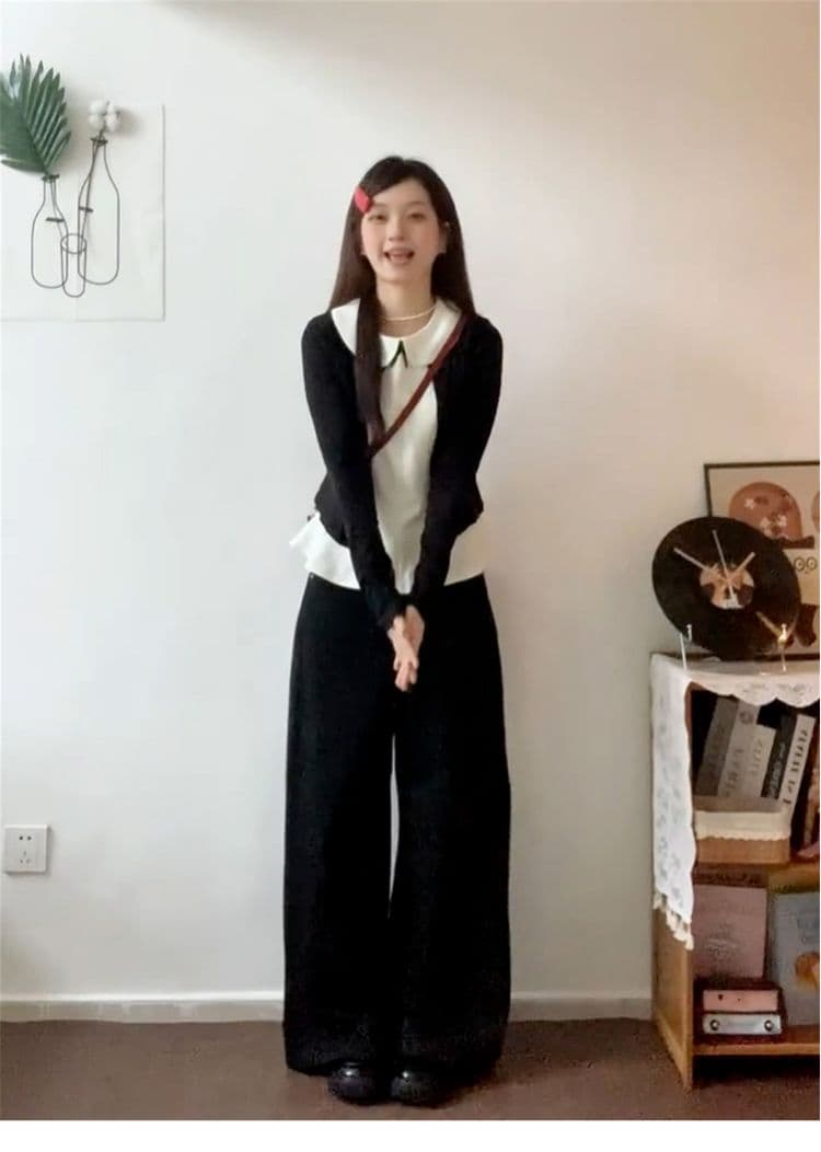 달콤한 스타일 세트 긴팔 오픈 가디건 여성 코트 베이비 칼라 조끼 가을 검정색 와이드 레그 팬츠 miu 부서 3종 세트 상세 이미지 7