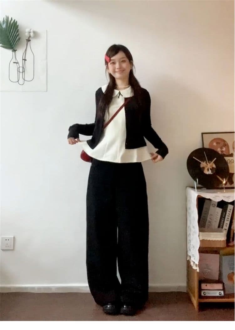 달콤한 스타일 세트 긴팔 오픈 가디건 여성 코트 베이비 칼라 조끼 가을 검정색 와이드 레그 팬츠 miu 부서 3종 세트 상세 이미지 8