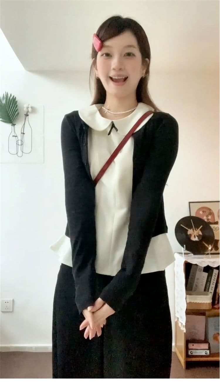 달콤한 스타일 세트 긴팔 오픈 가디건 여성 코트 베이비 칼라 조끼 가을 검정색 와이드 레그 팬츠 miu 부서 3종 세트 상세 이미지 9