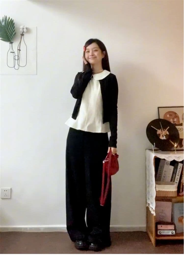 달콤한 스타일 세트 긴팔 오픈 가디건 여성 코트 베이비 칼라 조끼 가을 검정색 와이드 레그 팬츠 miu 부서 3종 세트 상세 이미지 10