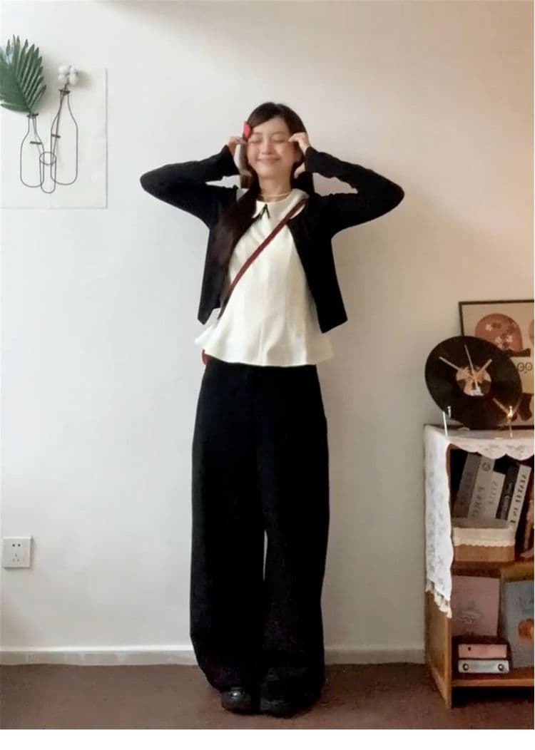 달콤한 스타일 세트 긴팔 오픈 가디건 여성 코트 베이비 칼라 조끼 가을 검정색 와이드 레그 팬츠 miu 부서 3종 세트 상세 이미지 11