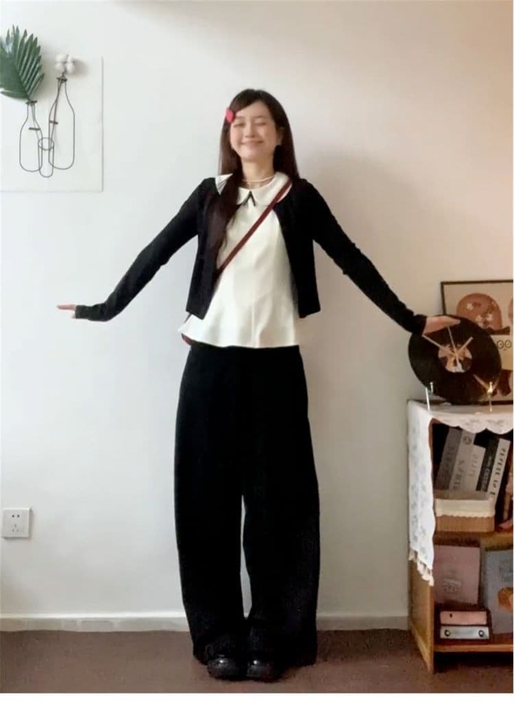 달콤한 스타일 세트 긴팔 오픈 가디건 여성 코트 베이비 칼라 조끼 가을 검정색 와이드 레그 팬츠 miu 부서 3종 세트 상세 이미지 14